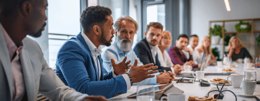 Meeting of coworkers discussing a topic