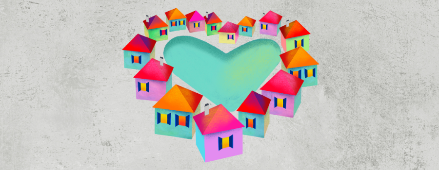 An illustration showing a community of colorful houses surrounding a heart shaped lake