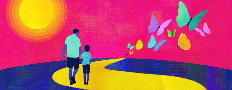 Colorful illustration of a dad and son walking on a path in the morning