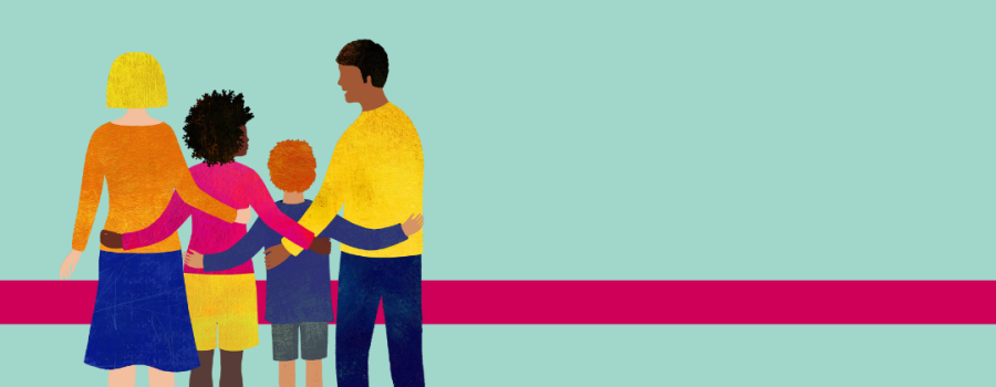  Illustration with a diverse family on a seafoam background with a pink bar