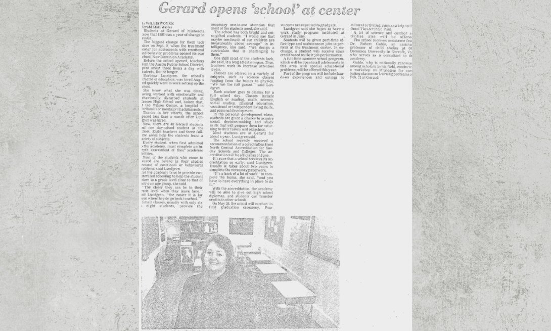 A newspaper clipping about New Dominion School opening.