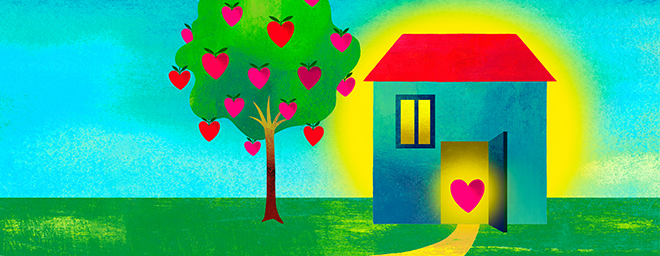 Illustration of a house with a happy, warm heart in the doorway