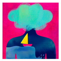 illustration of a person with a cloud as a head and a rocking sailboat falling off a cliff is inside the body