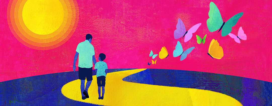 Illustration of man and boy walking on path