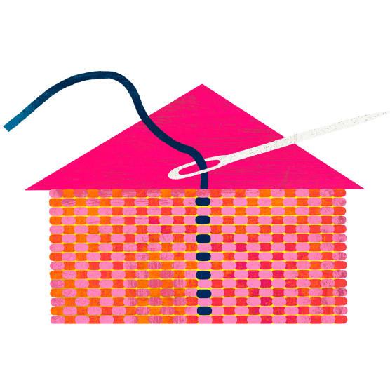 Illustration of a house being stitched together with a thread and needle