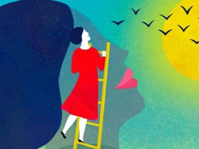 Artwork of a woman on a ladder, looking out to the sun.