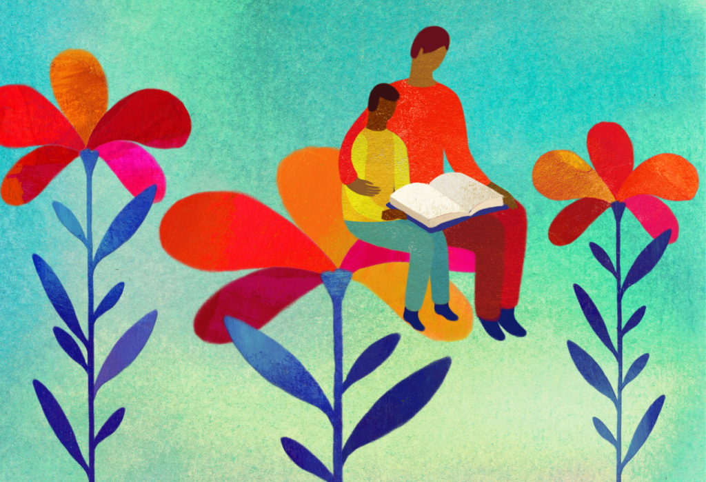 Illustration of adult and child sitting on top of flower petals reading a book.