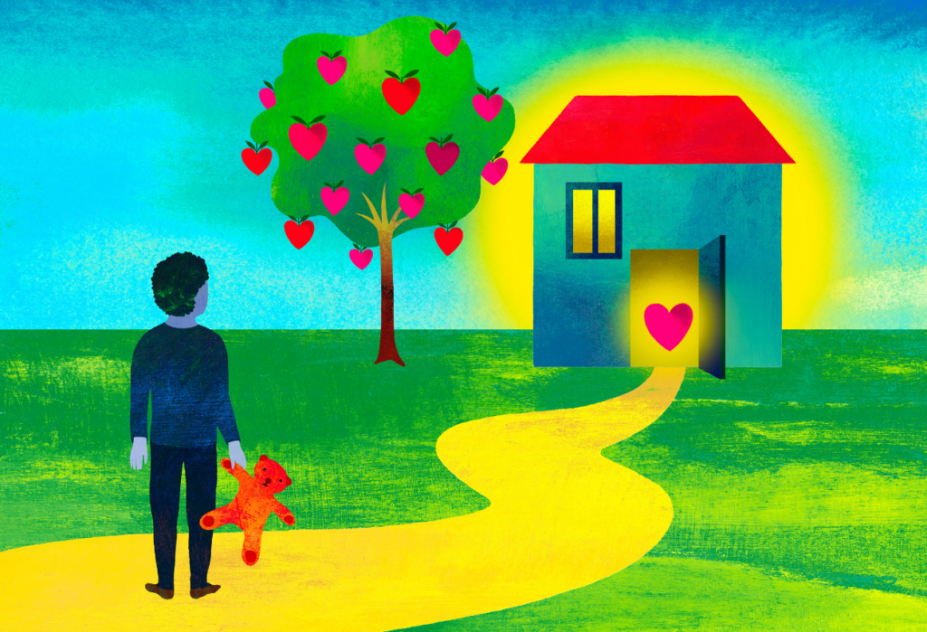 Illustration of a child holding a teddy bear welcomed to a new home. Home has front door open with a bursting heart in it.