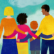 Illustration of a family holding each other facing a blue cloud sky.