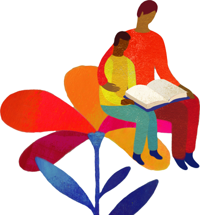 illustration of an adult and child reading a book on flower petals