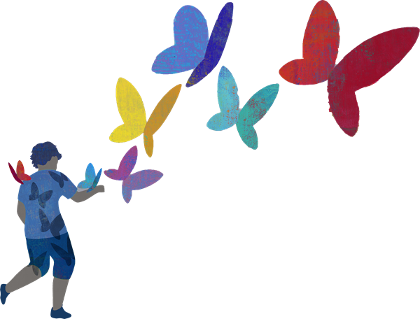 Illustration of boy with butterflies in rainbow