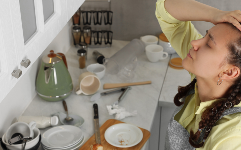 Woman stressed in a messy kitchen